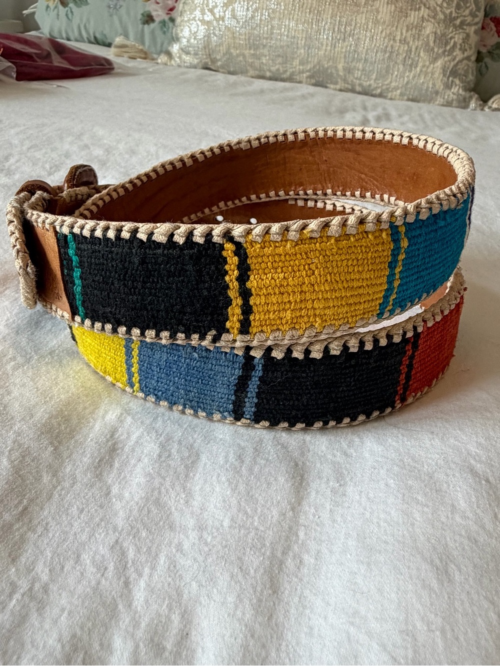 Vintage Southwest Guatemala Tooled Leather Belt Colorful Handmade Size 36 Boho - Picture 4 of 10